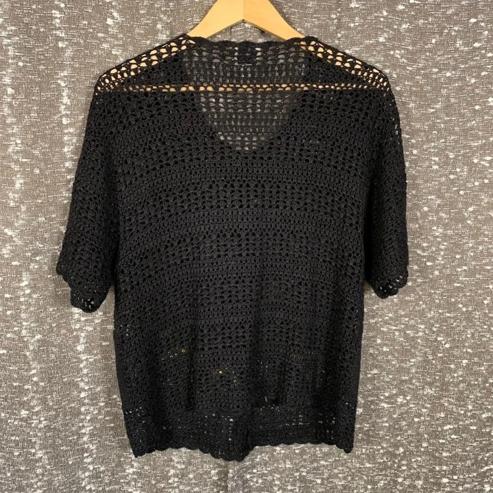 Teddi Vintage Black Crochet Knit Floral Embroidered Short Sleeve Cardigan Top